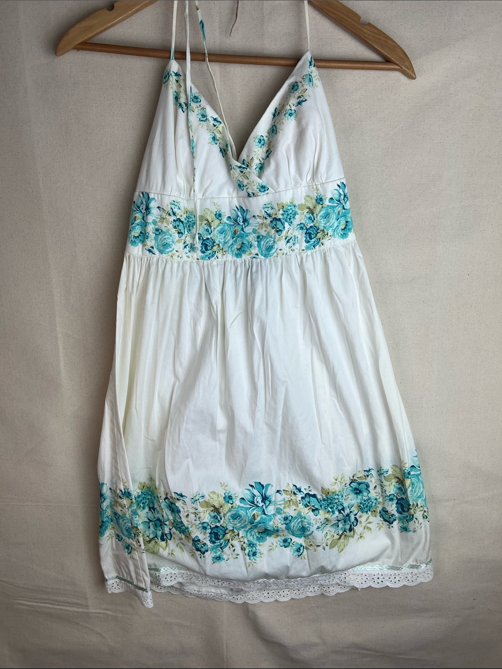 Vintage White Floral Sundress with Blue Accents